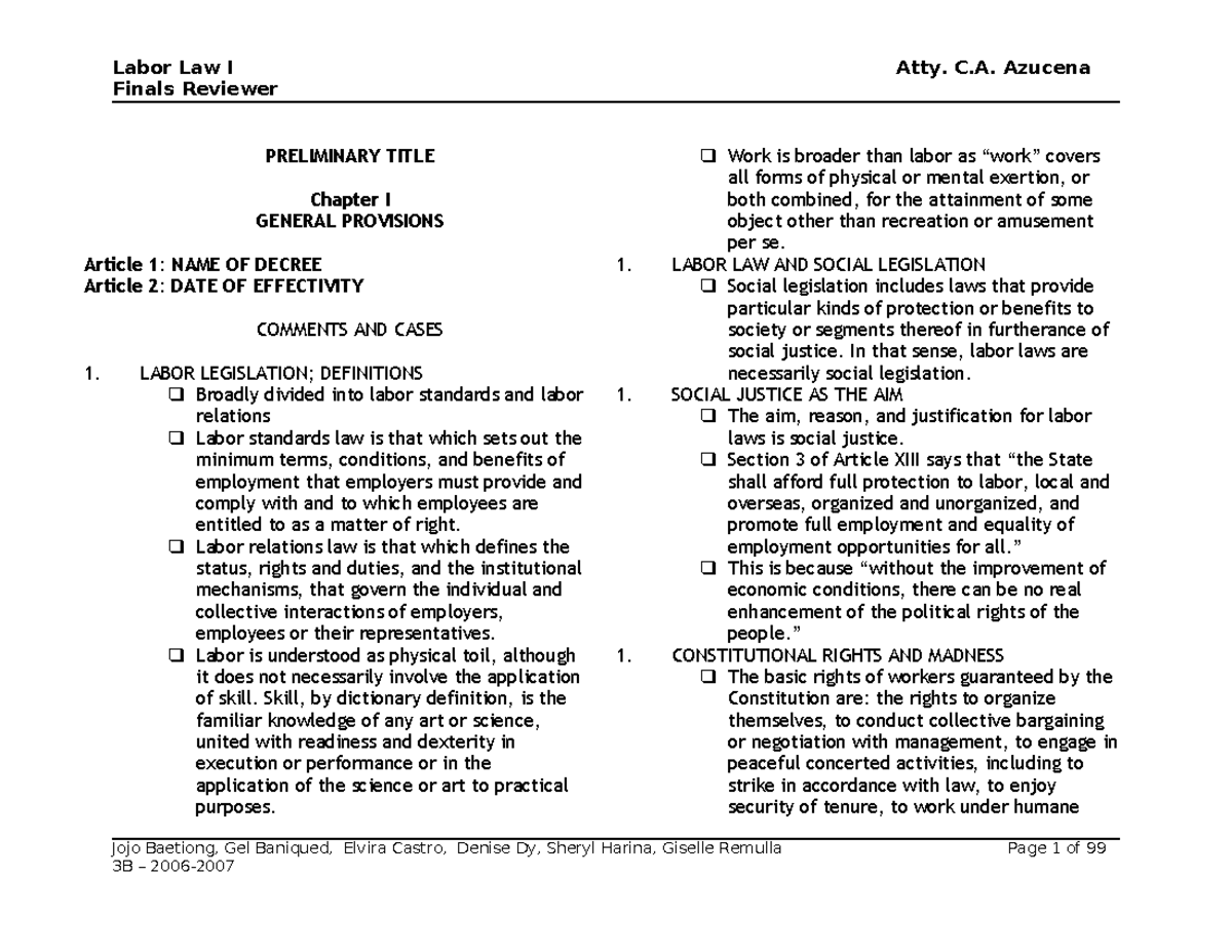 Labor Law I Finals Reviewer: Key Concepts and Provisions by Atty. C.A ...