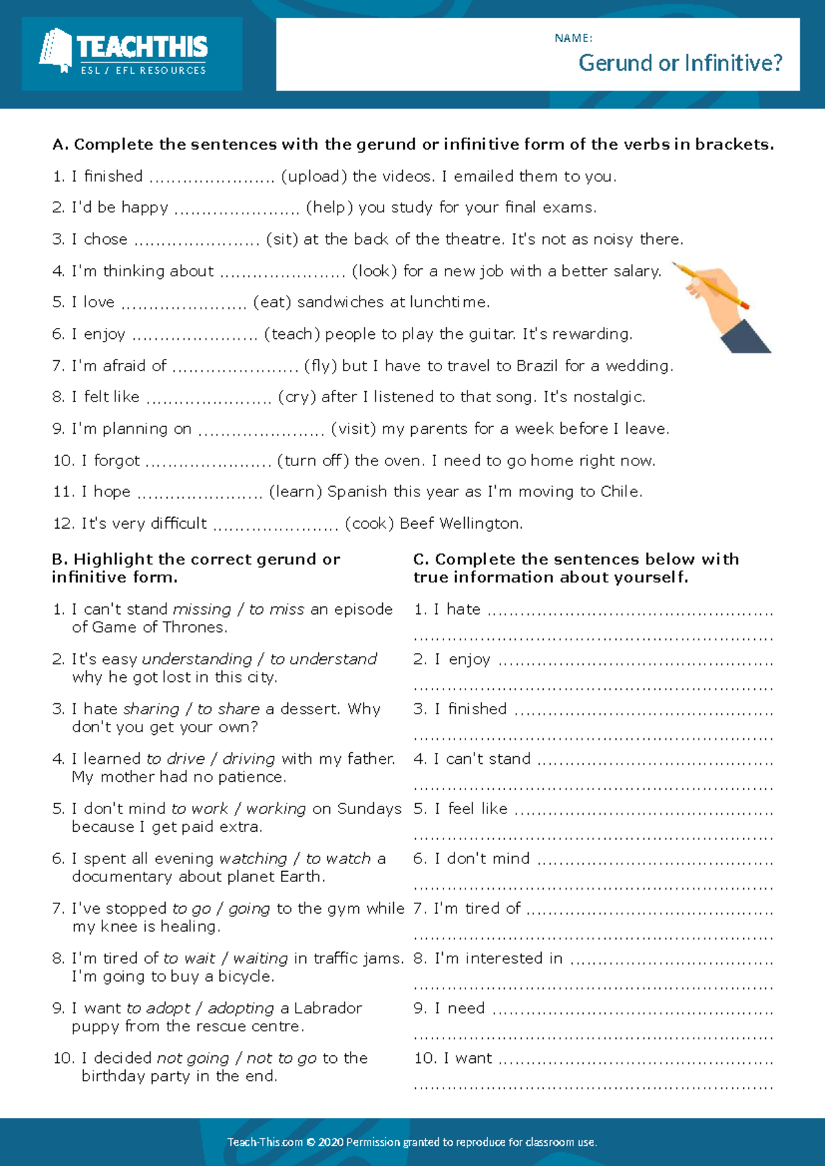 ESL EFL Gerund or Infinitive Interactive Worksheet - Studocu