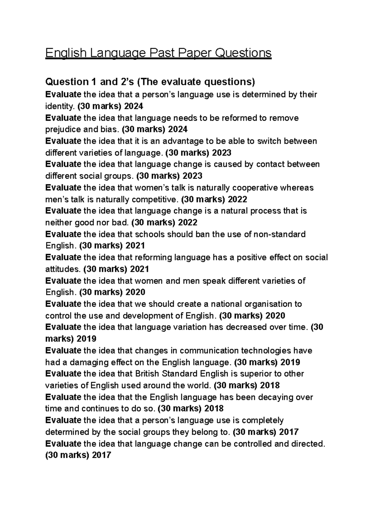 English Language Paper 2 - Past Paper Questions & Evaluations - Studocu