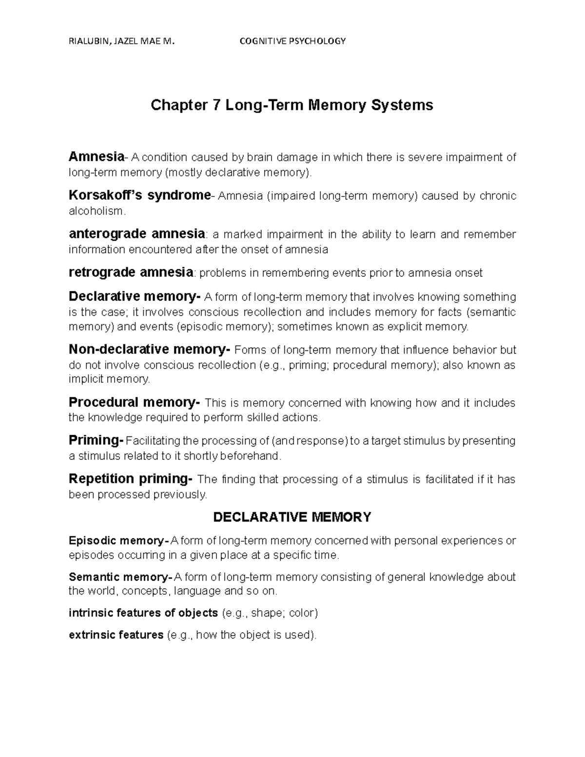 Cognitive Psychology Chapter 7 and 8 Reviewer - Chapter 7 Long-Term ...