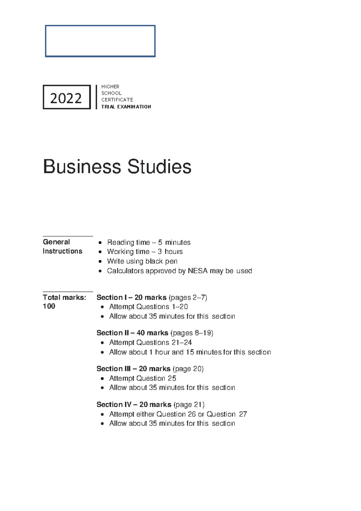 2022 HSC Business Studies Trial Exam - Comprehensive Guide - Studocu