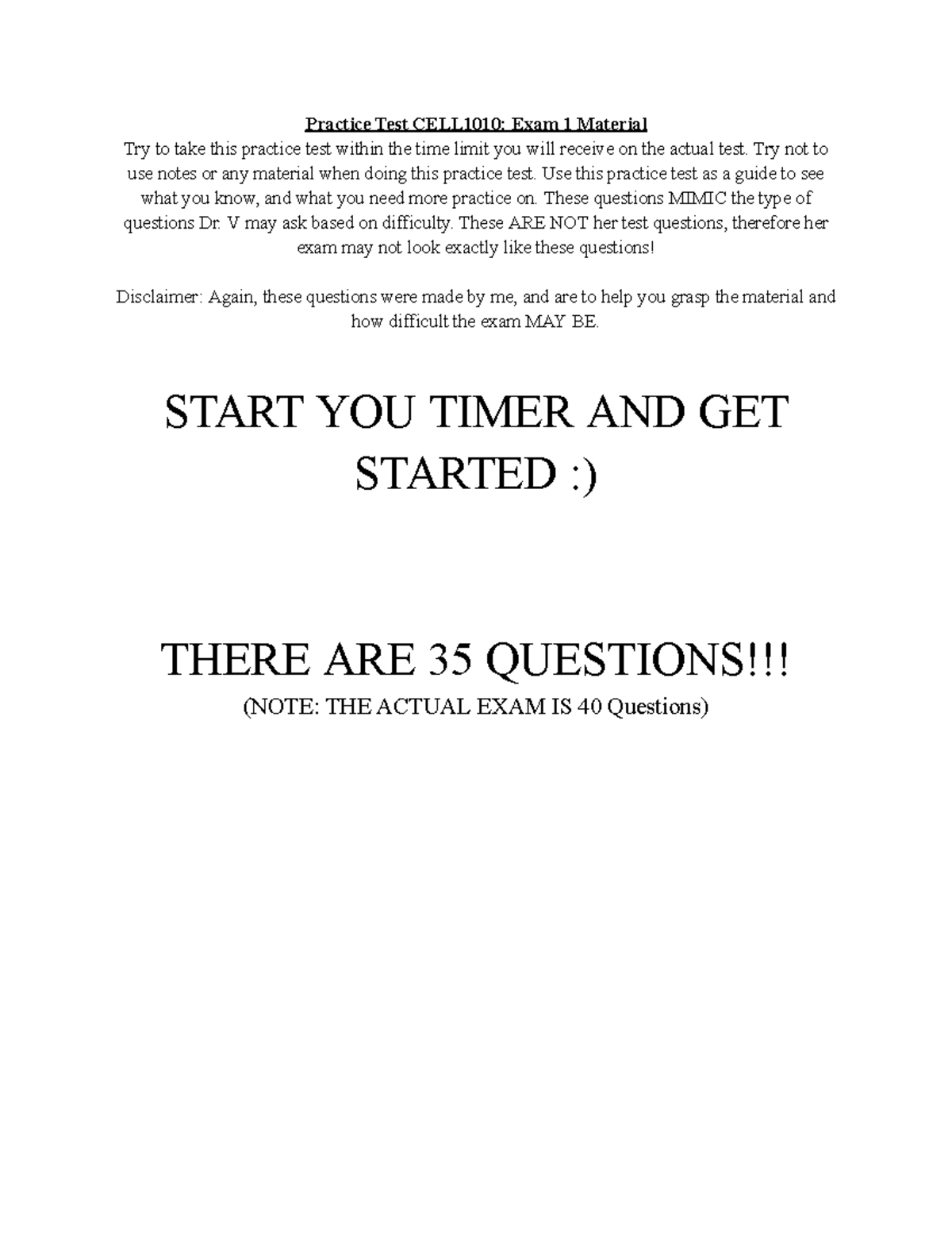 CELL1010 Practice Test 1: Exam 1 Review & Practice Questions - Studocu