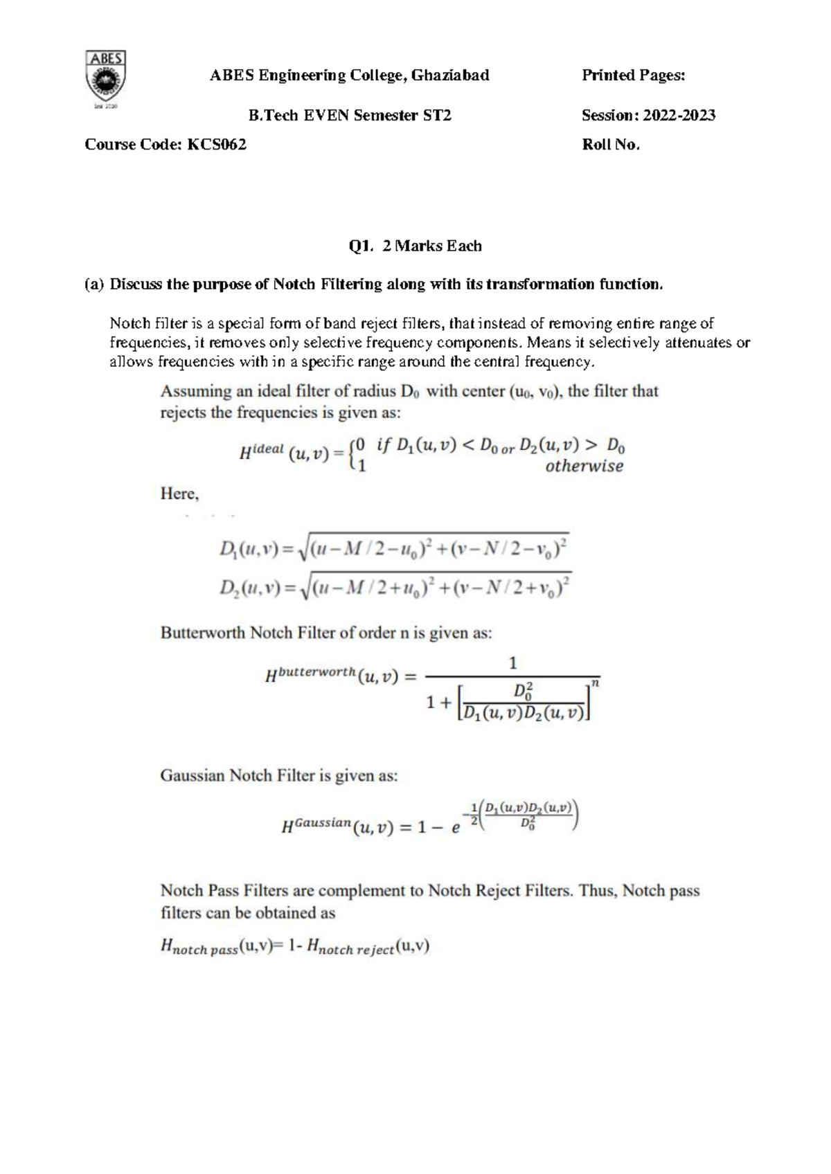 KCS062 B.Tech Midterm Notes on Image Processing Techniques - Studocu