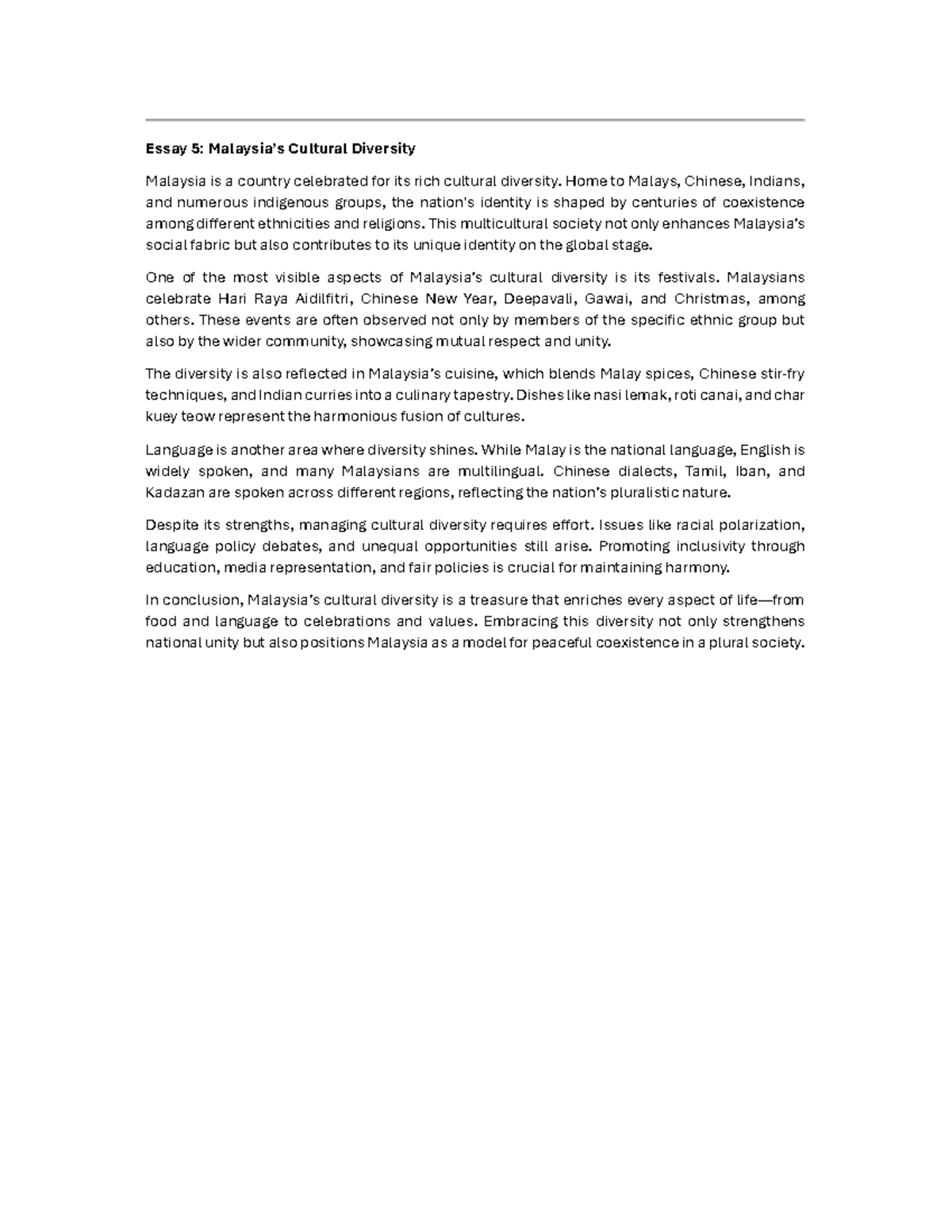 Essay 5: Exploring Malaysia's Rich Cultural Diversity - Studocu