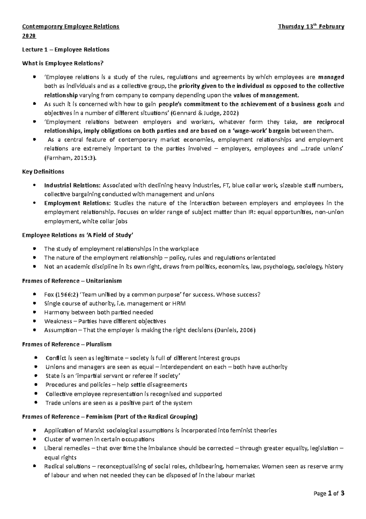 Contemporary Employment Relations Lecture 1 Notes - Contemporary ...