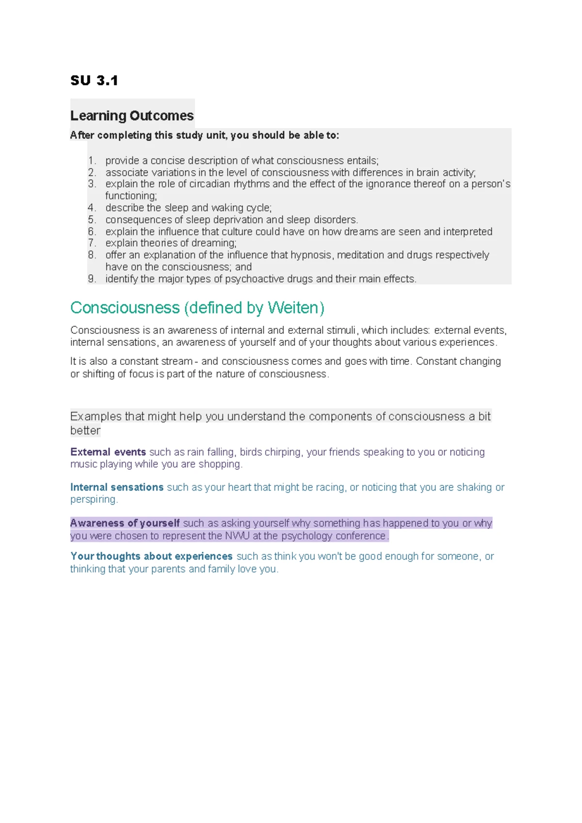 PSYC111 - Test 1 Notes: Exploring Consciousness and Human Behavior ...