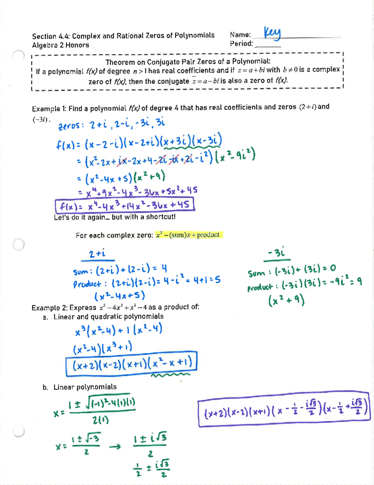 Algebra 2 Honors: Section 4.4 Notes on Complex & Rational Zeros - Studocu