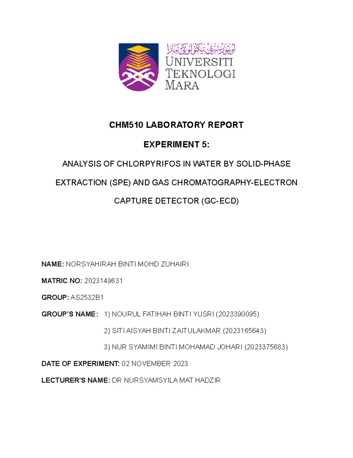 CHM510 Exp 4 Laboratory Report: Hydrocarbon Analysis via SPME-GC-MS ...