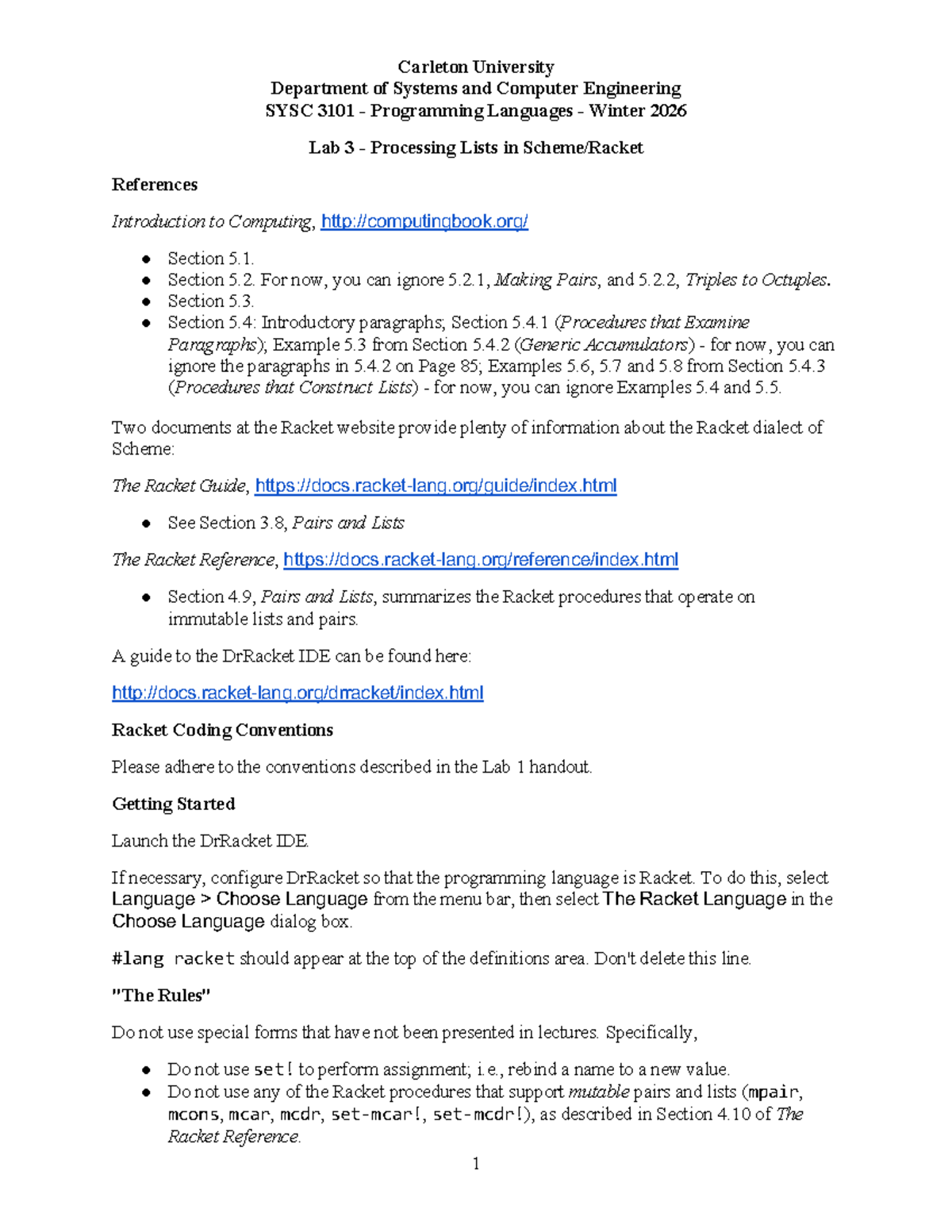 Lab 3 - SYSC 3101 Programming Languages: Processing Lists in Racket ...