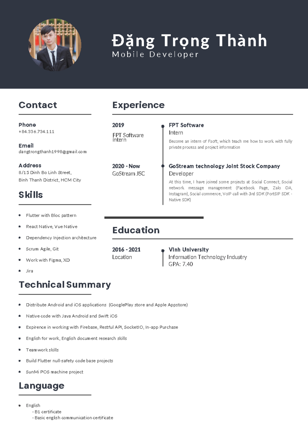 CV for Mobile Developer Intern - Flutter & Java Skills - Studocu