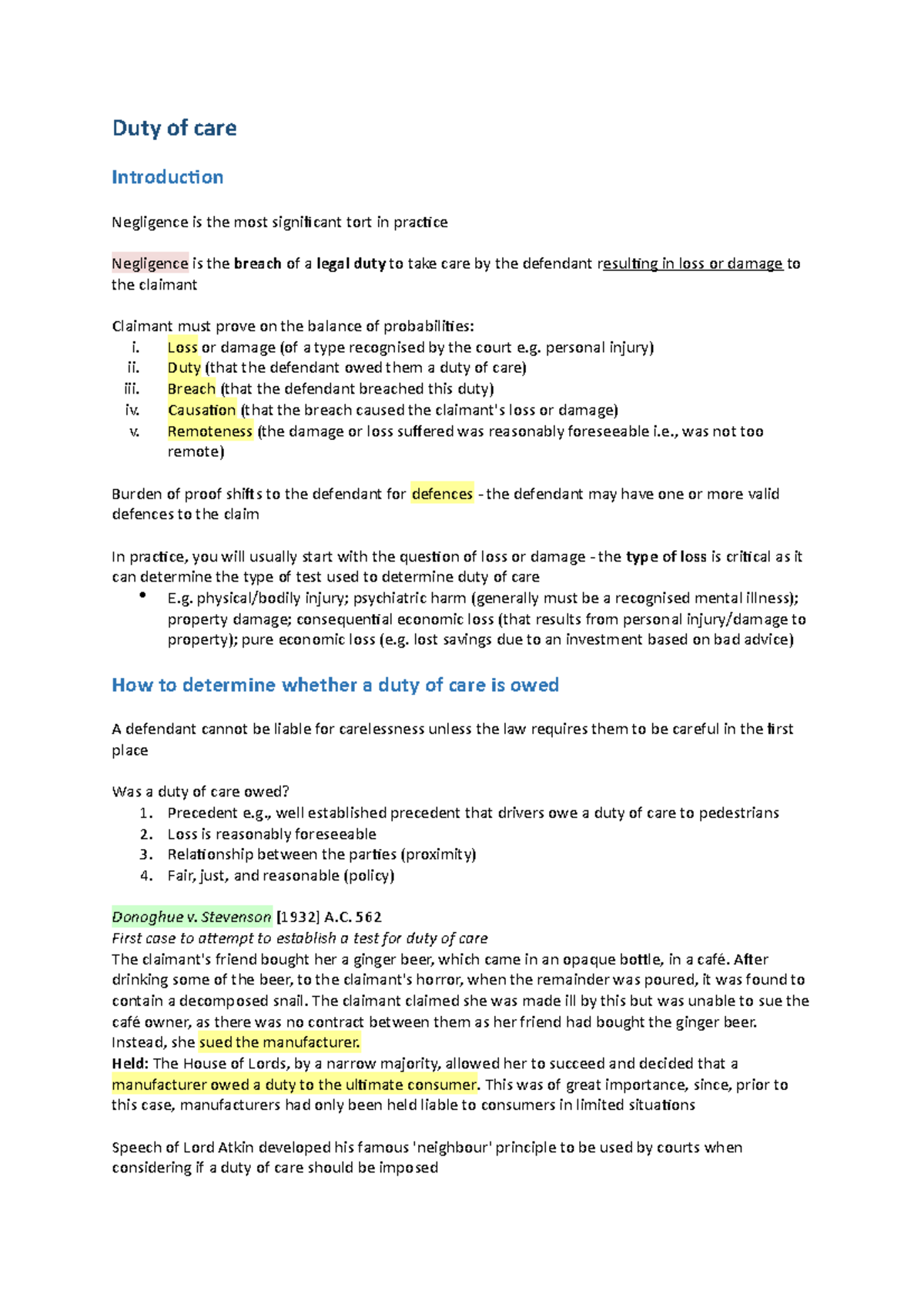 Tort Law Lecture 1 Notes: Understanding Duty of Care Principles - Studocu