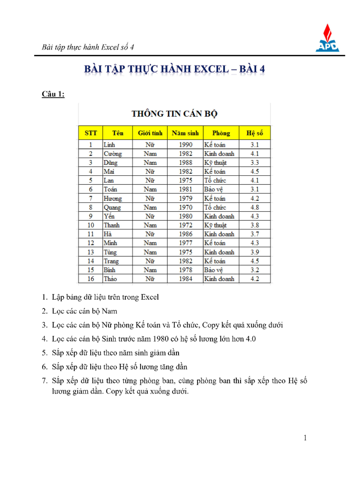 Bai 4 - Excel - tin học đại cương - Bài tap thuc hanh Excel só 4 APD ...