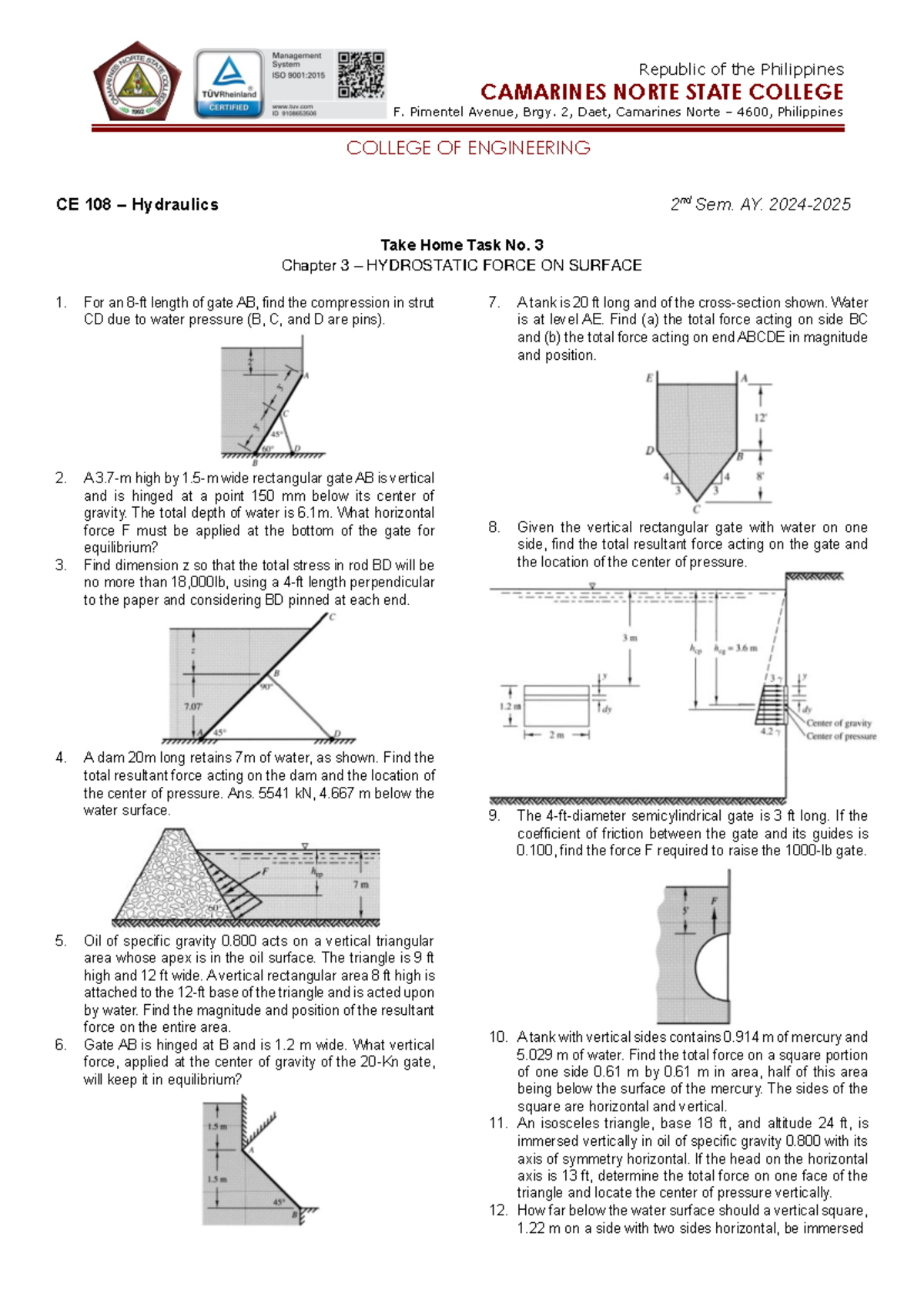 Ce 108 Hydraulics Tht No 3 Hydrostatic Force On Surfaces Analysis