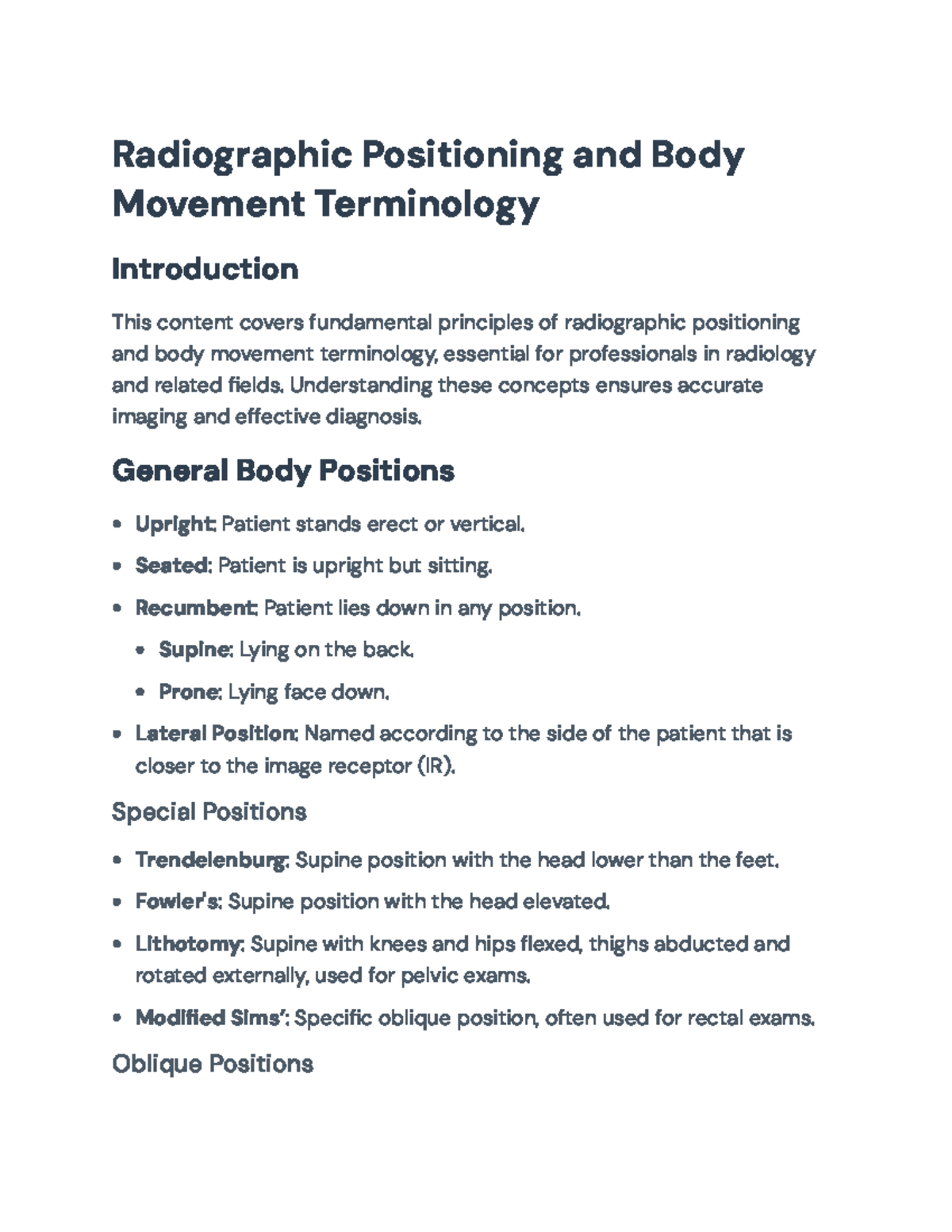 Radiographic Positioning and Body Movement Terminology Overview ...