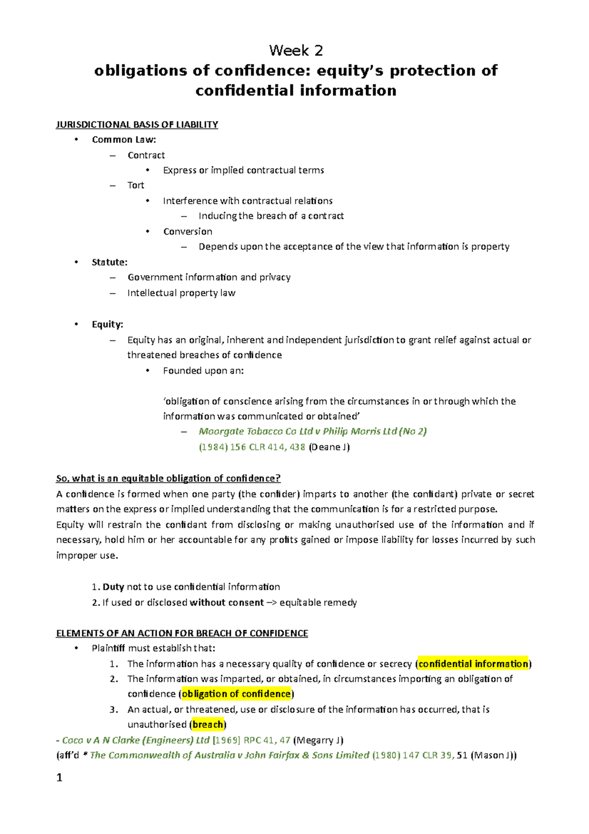 llb205 lecture notes - Week 2 obligations of confidence: equity’s ...