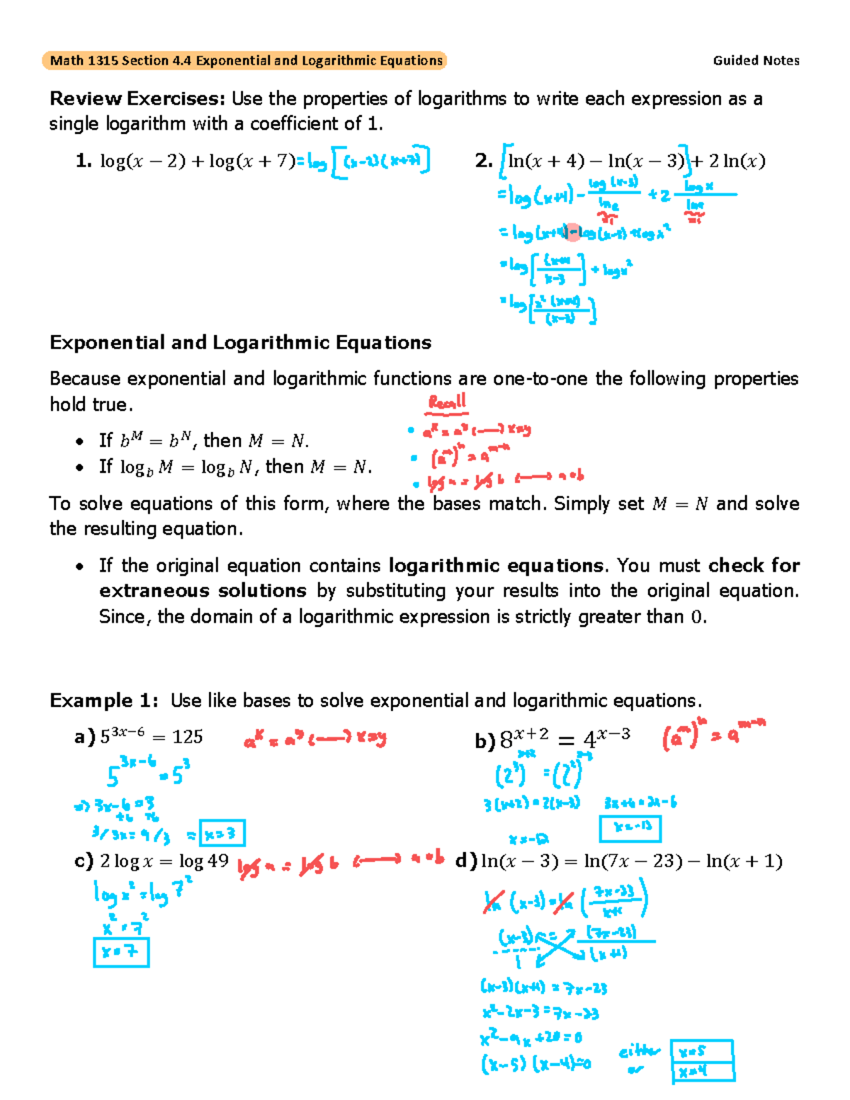 4.4 Exponential and Logarithmic Equations - 1. log(𝑥𝑥 − 2) + log(𝑥𝑥 + 7 ...