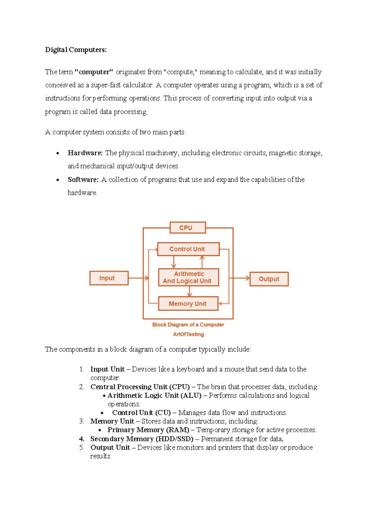 Digital Computers: Overview and Architecture (CS101 - Unit 1) - Studocu