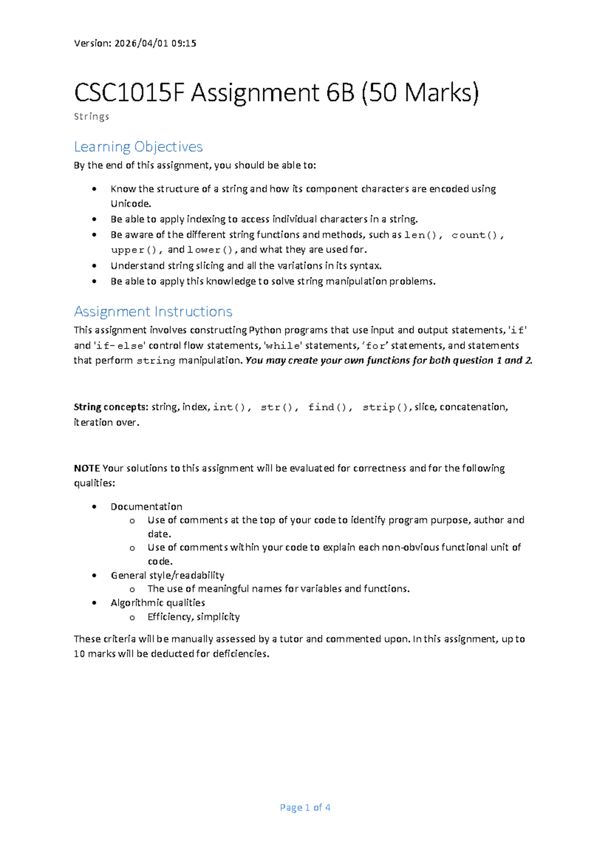 CSC1015F Assignment 6B: String Manipulation in Python - Studocu