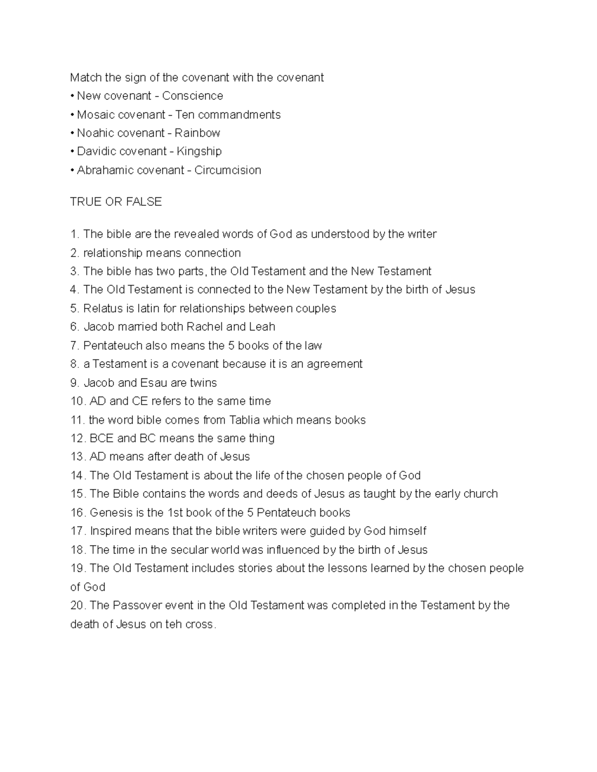THEO QUIZ 2 Midterm - Covenant Matching Practice Questions - Studocu