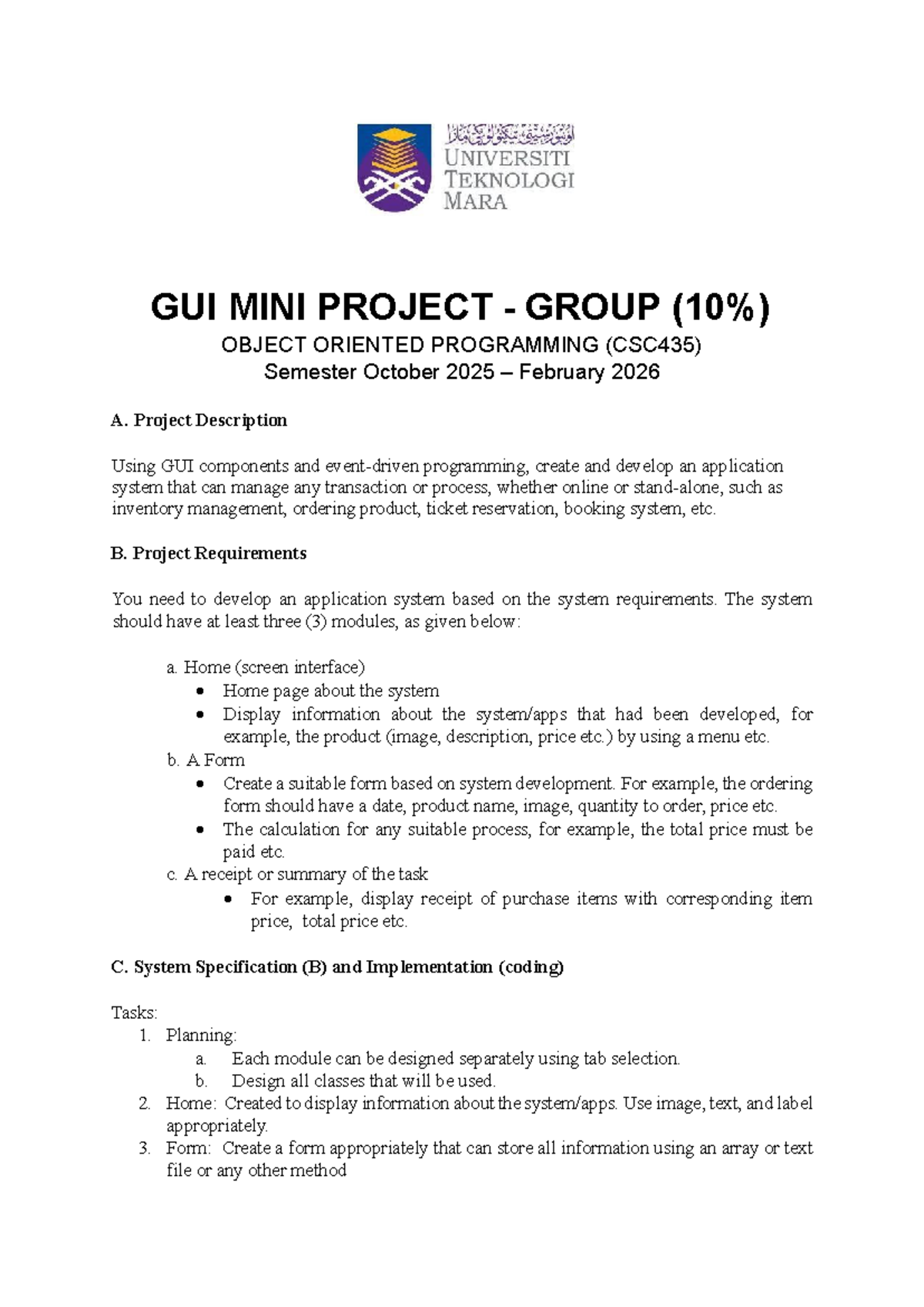 GUI Mini Project Overview (CSC435) - Object Oriented Programming - Studocu