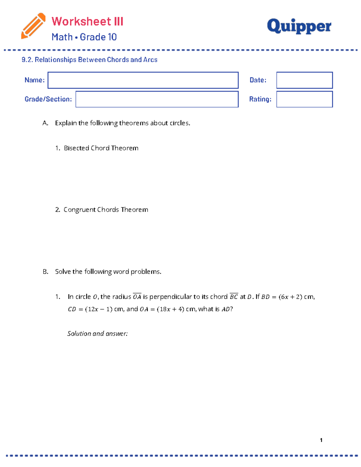 Math Grade 10 Worksheet 9.2: Chords and Arcs Relationships - Studocu