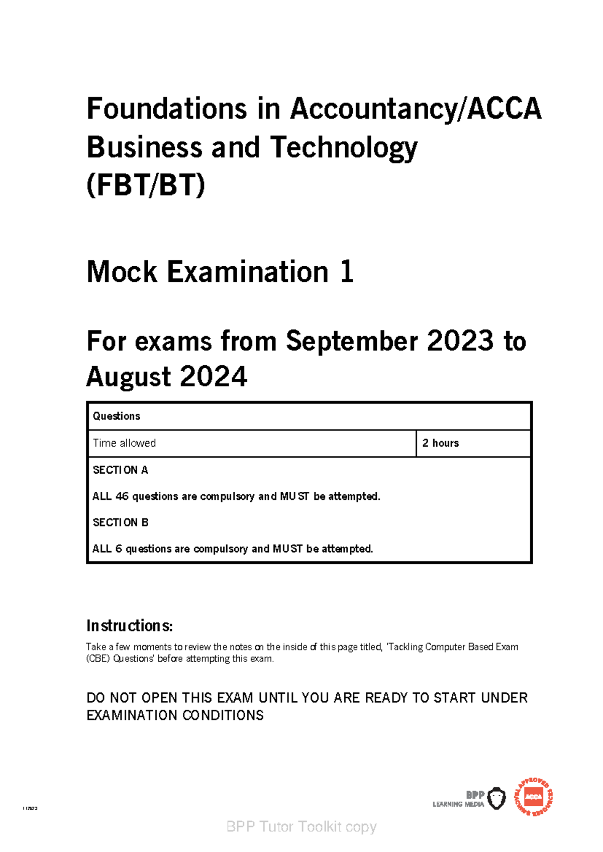 FIA FBT Mock Exam: Foundations in Business & Technology 2023-2024 - Studocu