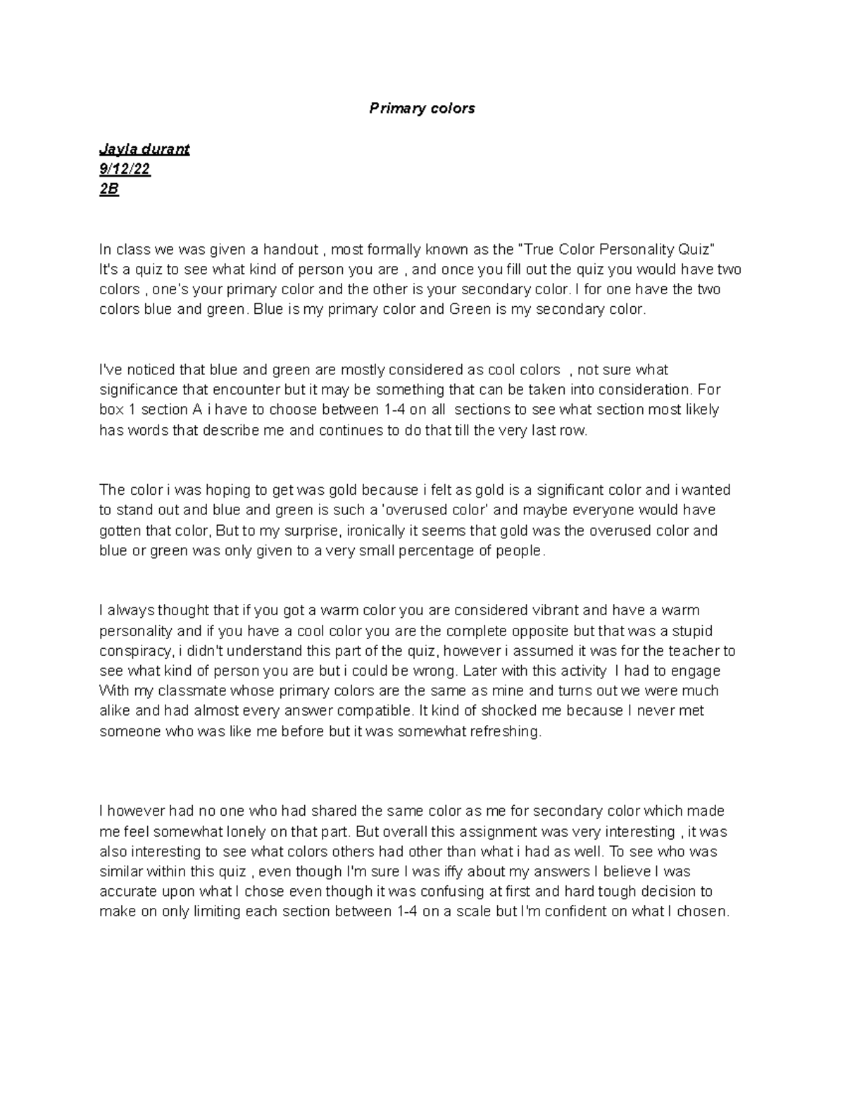 Primary Color Reflection Essay: Insights from the True Color Quiz - Studocu