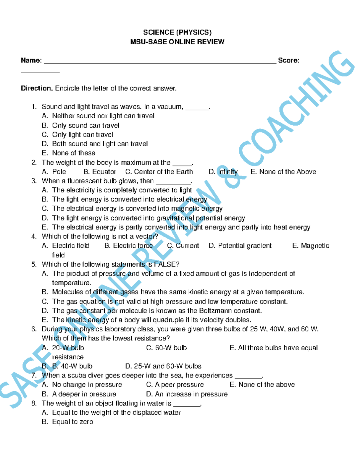 SCIENCE (PHYSICS) ONLINE REVIEW - 7th Session Questionnaire - Studocu