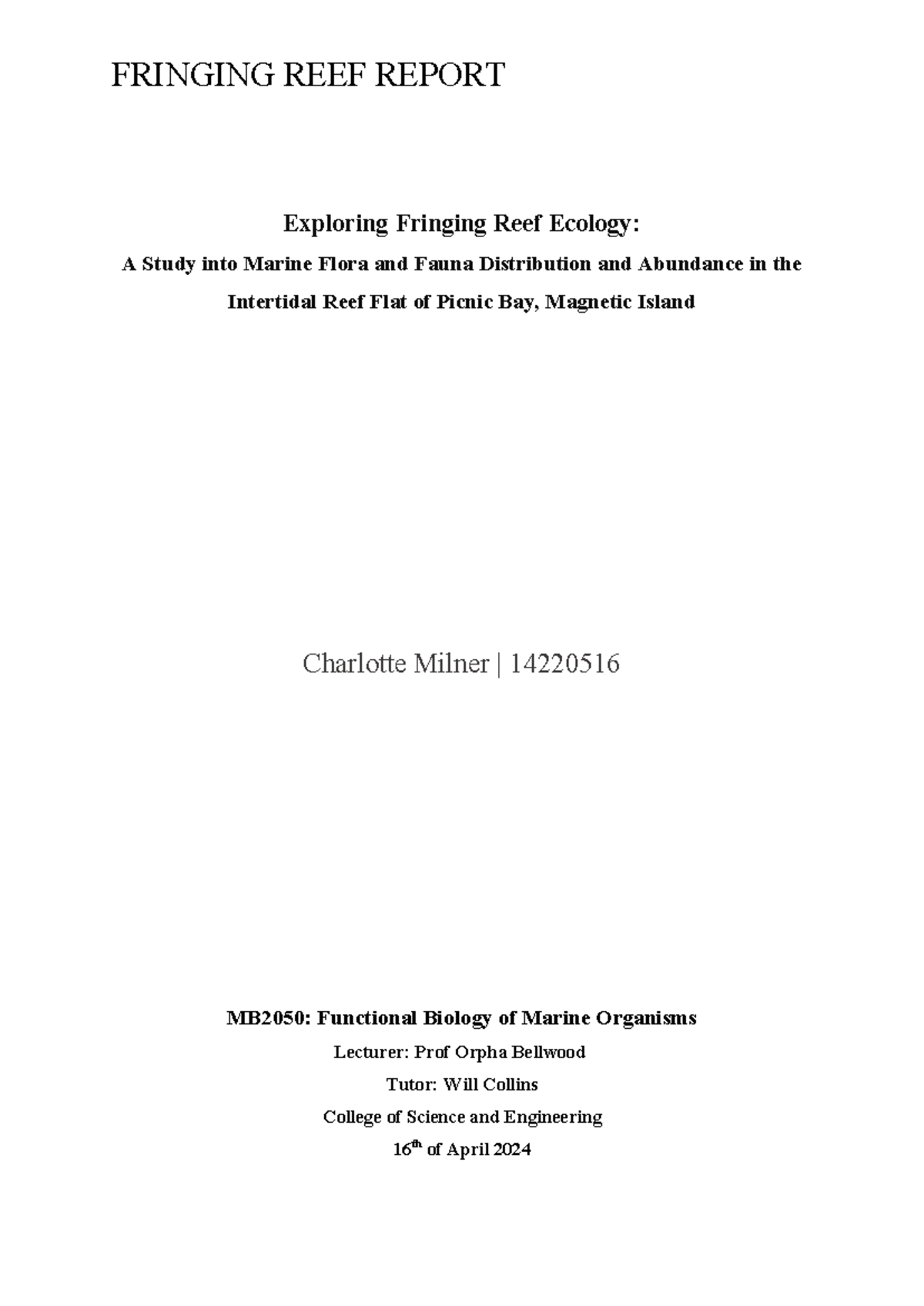 MB2050: Fringing Reef Ecology Study on Marine Flora & Fauna at Picnic ...