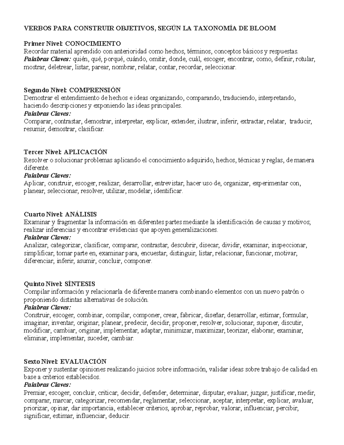 Verbos para Construir Objetivos Según la Taxonomía de Bloom - Studocu
