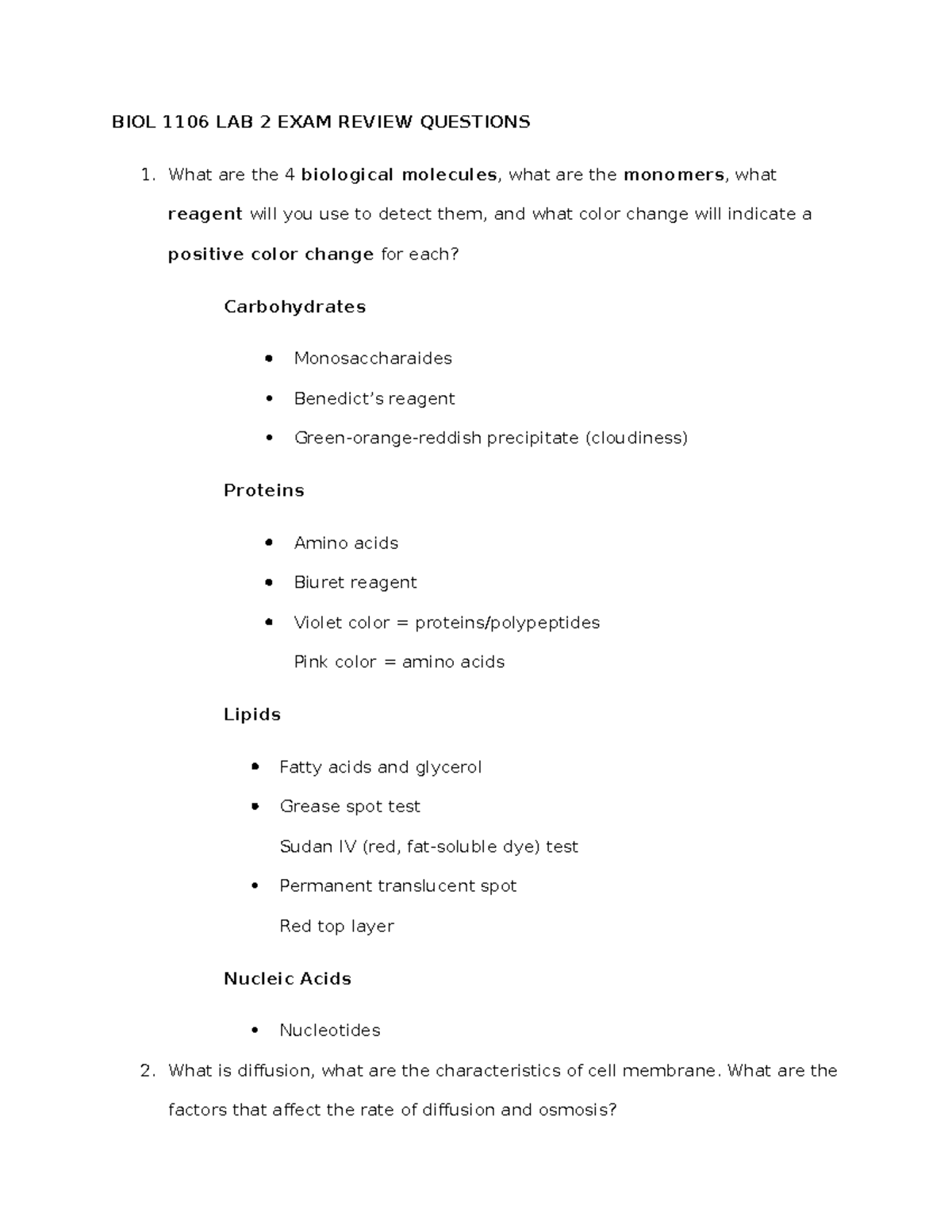 BIOL 1106 Lab 2 Exam Study Guide: Key Concepts & Review Questions - Studocu