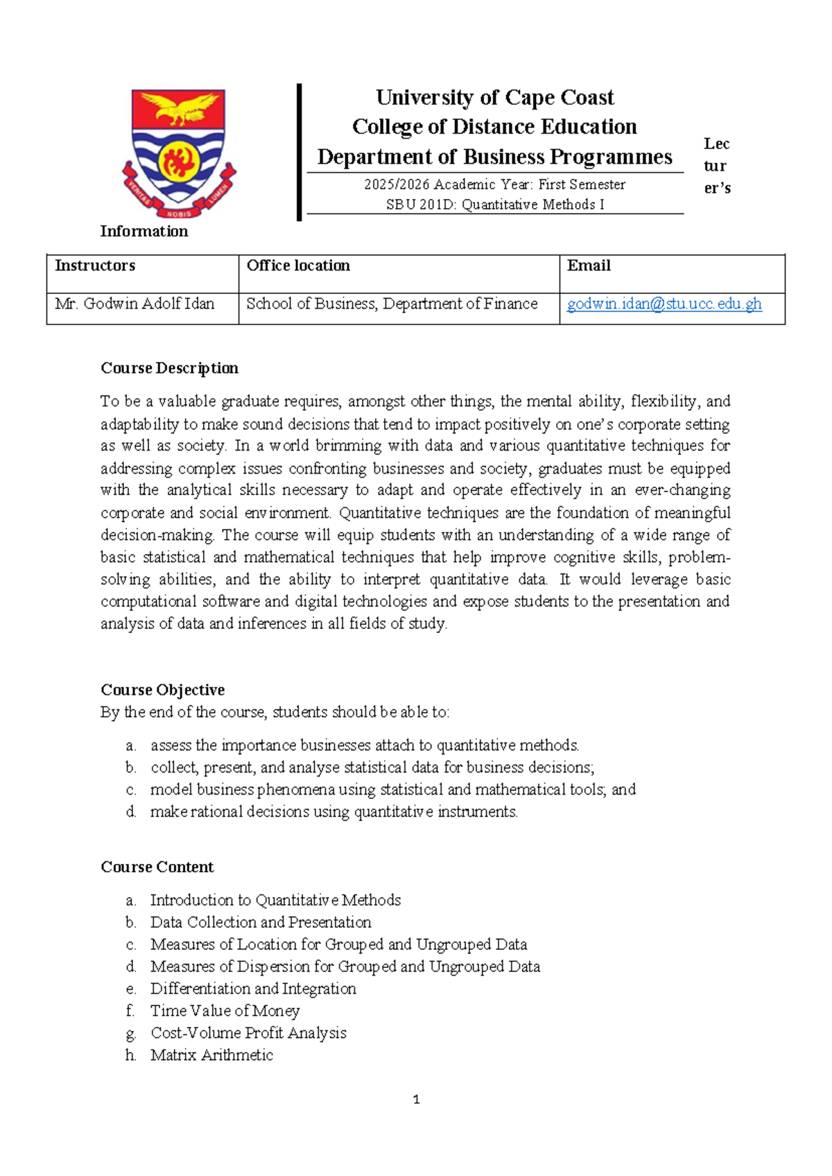SBU 201D: Quantitative Methods I Course Outline 2025-26 - Studocu