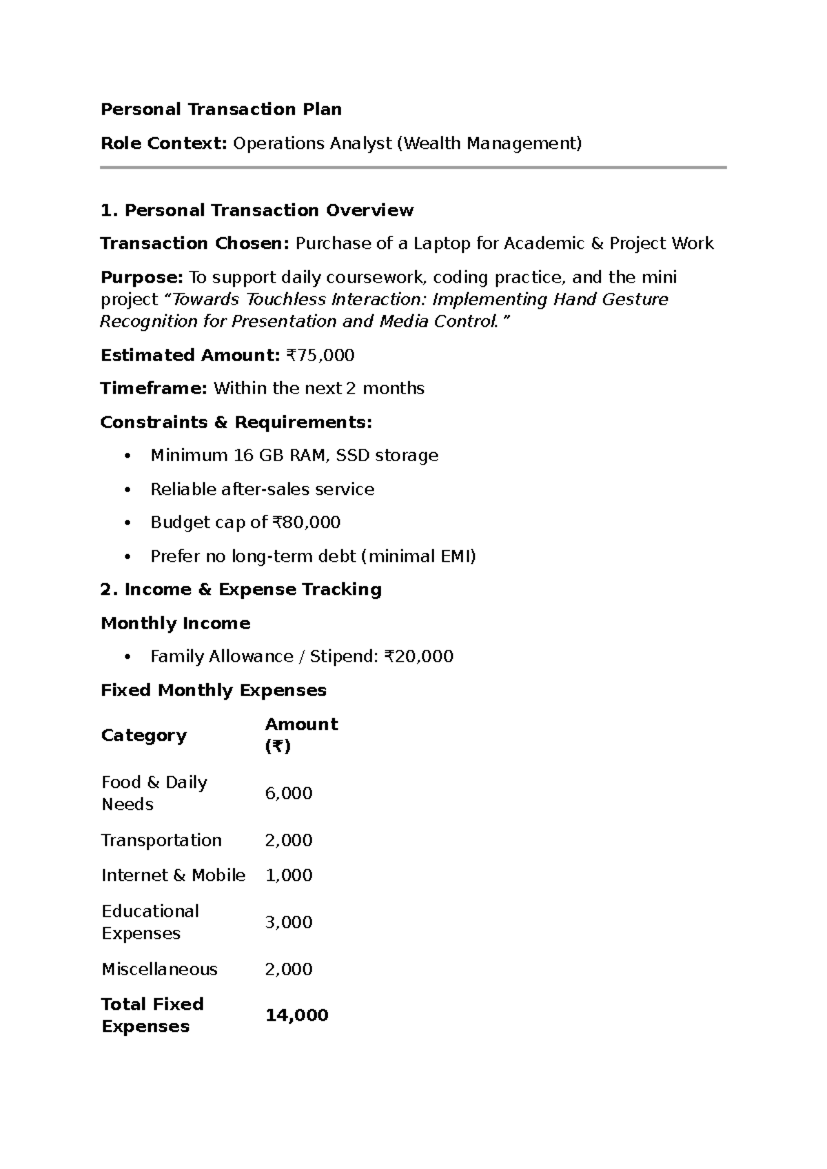 Personal Transaction Plan: Operations Analyst (Wealth Management) - Studocu