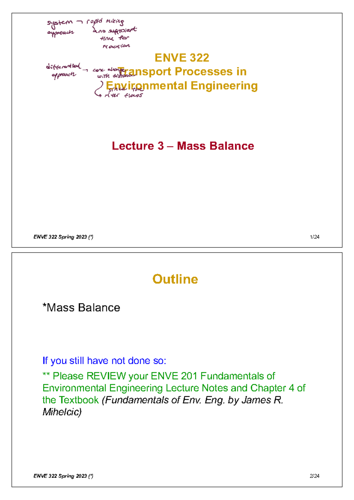 ENVE 322 Lecture 3: Mass Balance in Environmental Engineering - Studocu