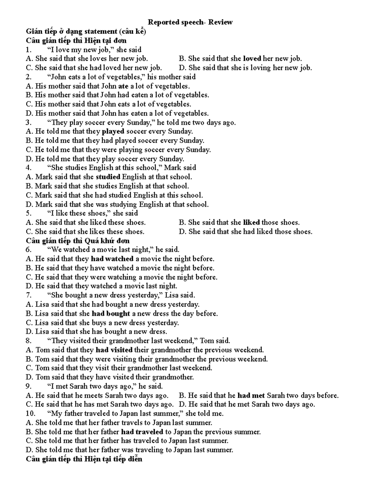 Reported Speech Practice Questions (Trắc Nghiệm) - Studocu