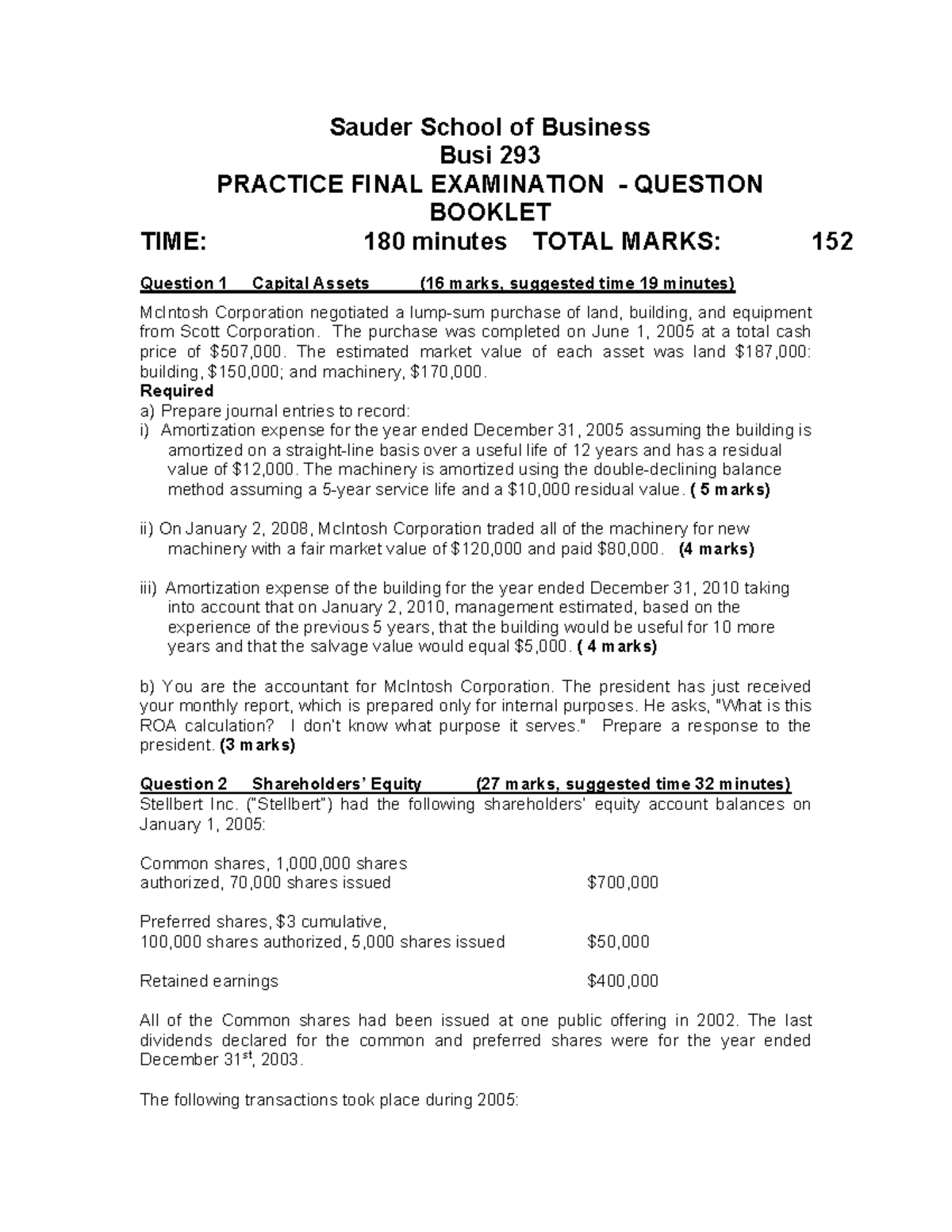 COMM293 2018 Practice Final Exam - Detailed Questions and Solutions ...