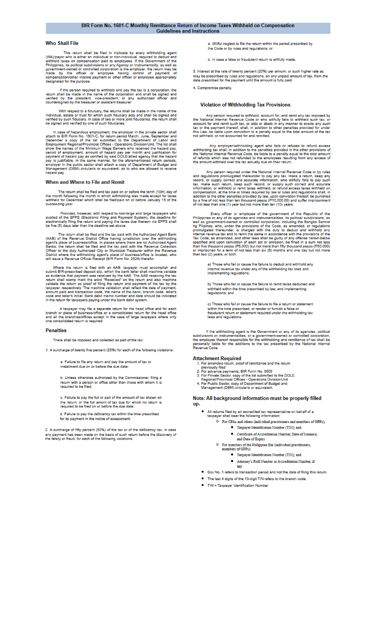 1601C - BIR Form No. Guidelines for Monthly Tax Withholding Returns ...