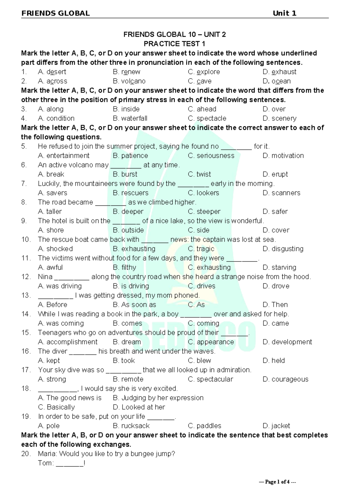 Tieng Anh 10 FRIENDS GLOBAL Unit 2 Practice Test 1 - Studocu