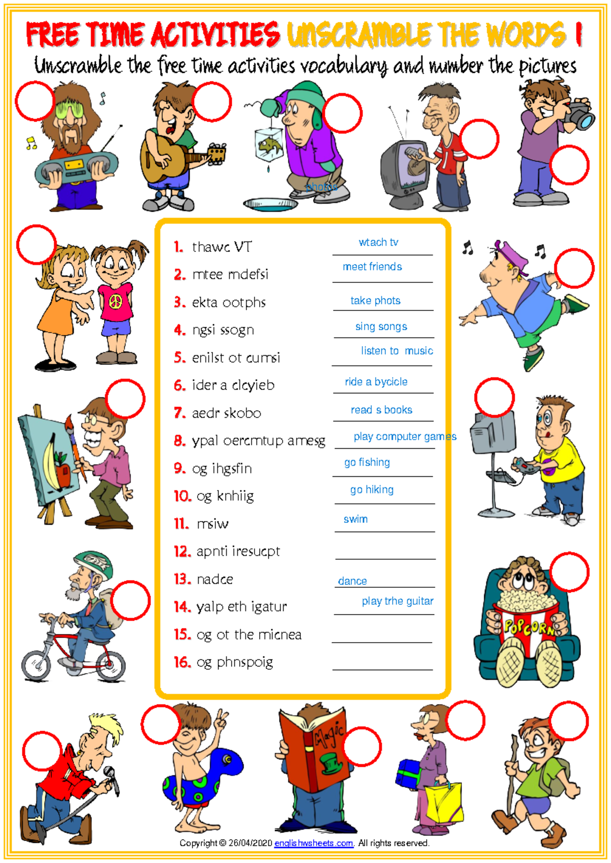 Free Time Activities Vocabulary ESL Unscramble Worksheets CL3 - Studocu