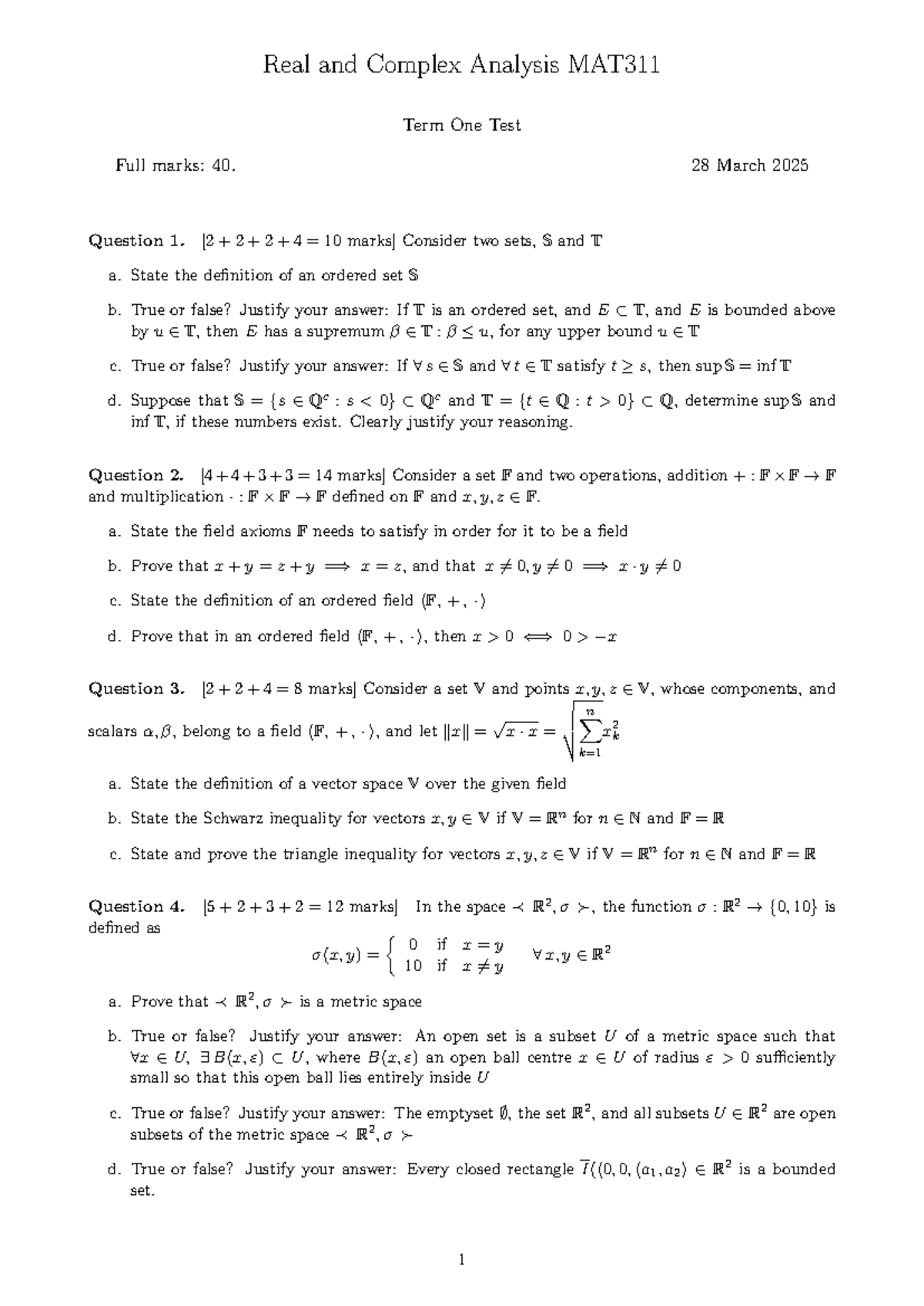 MAT311 Real Analysis Term One Test - Full Marks: 40 - Studocu