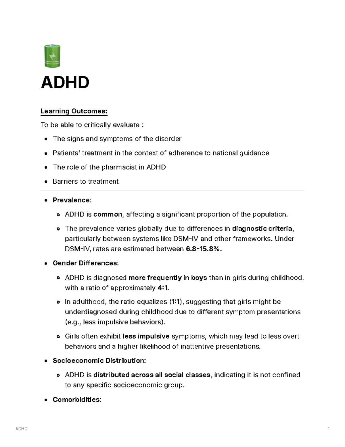 ADHDnotesIPC2024 - 🔋 ADHD Learning Outcomes: To be able to critically ...