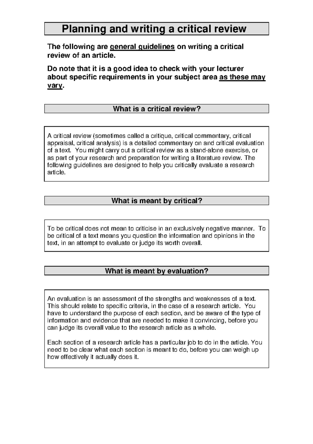 Critical review - Guid - Planning and writing a critical review The ...