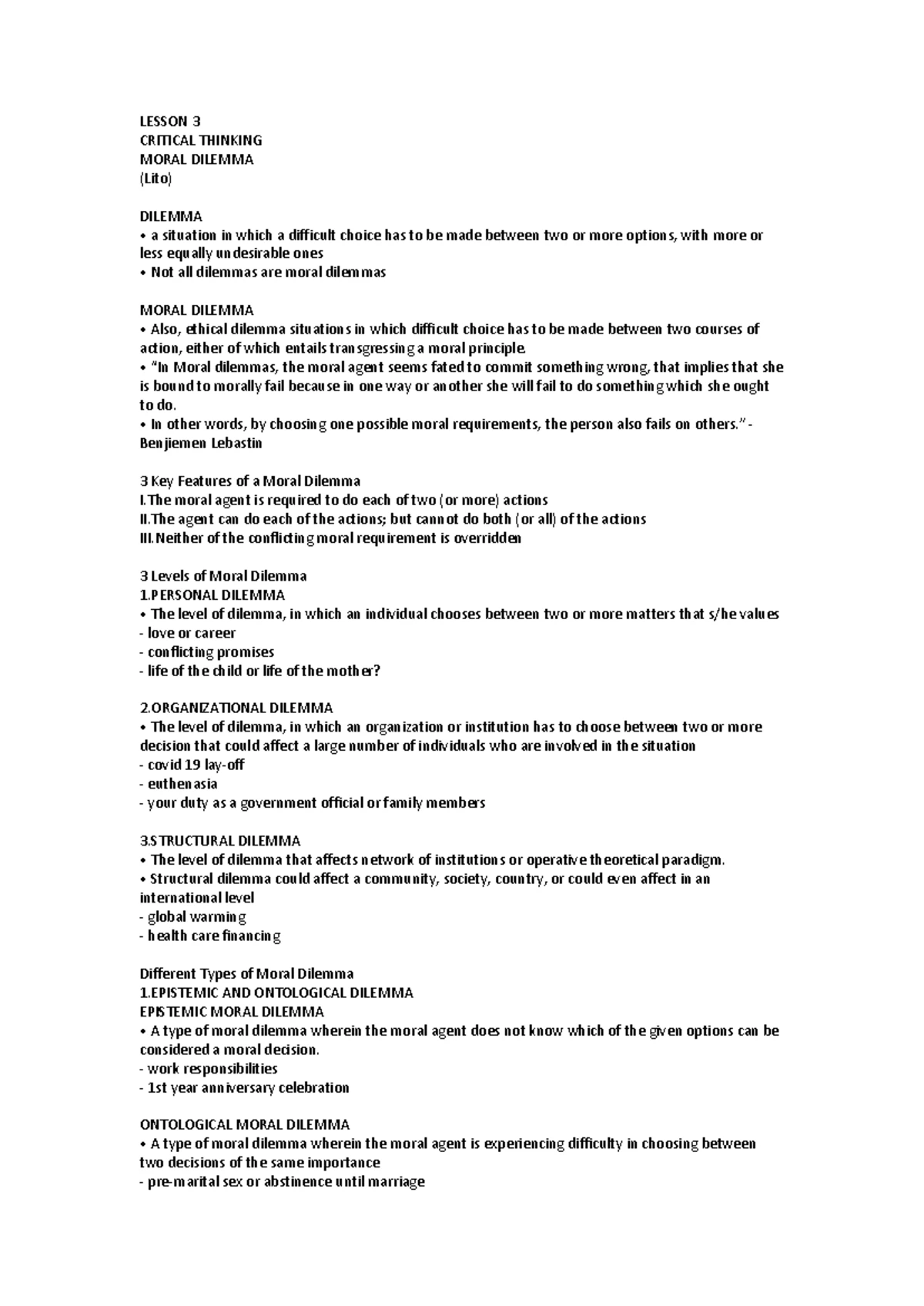 Lesson 3: Understanding Moral Dilemmas in Critical Thinking - Studocu