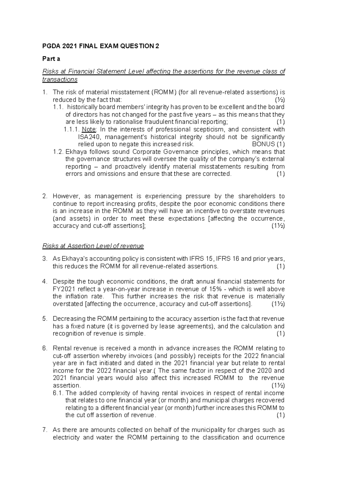 PGDA 2021 FINAL EXAM QUESTION 2: Risks in Revenue Assertions - Studocu