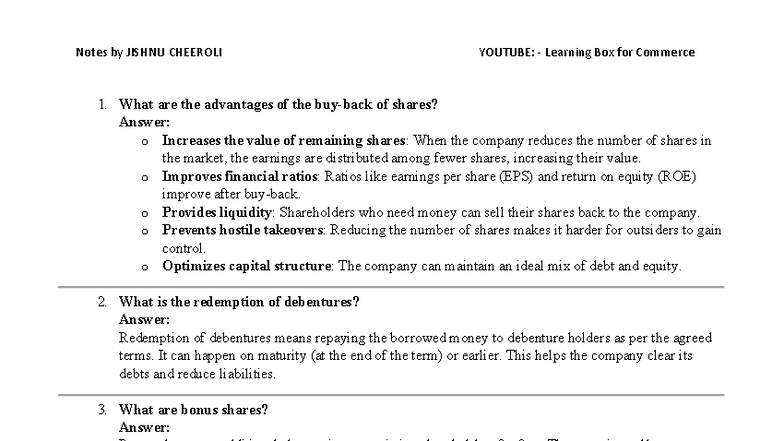 Corporate Accounting Notes: JISHNU CHEEROLI YOUTUBE (QP 2022) - Studocu