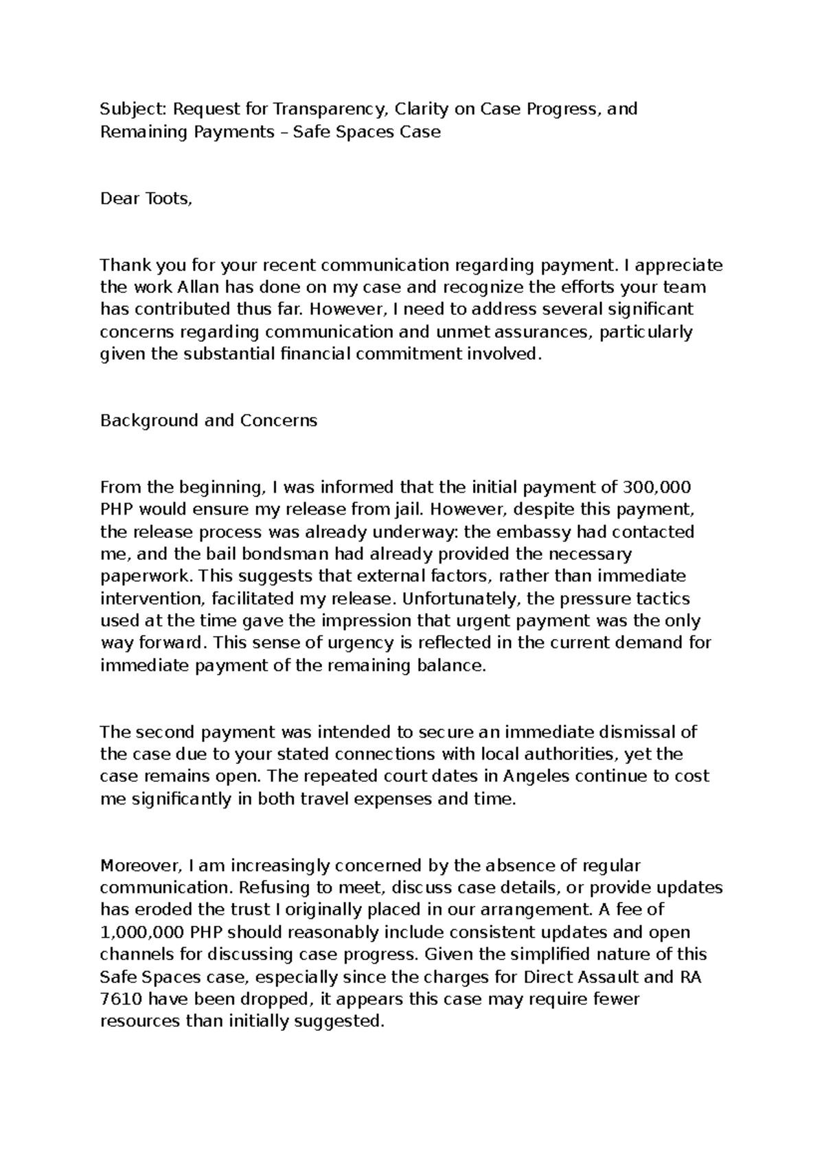 24.10.28 Request for Transparency Clarity on Case Progress - Subject ...
