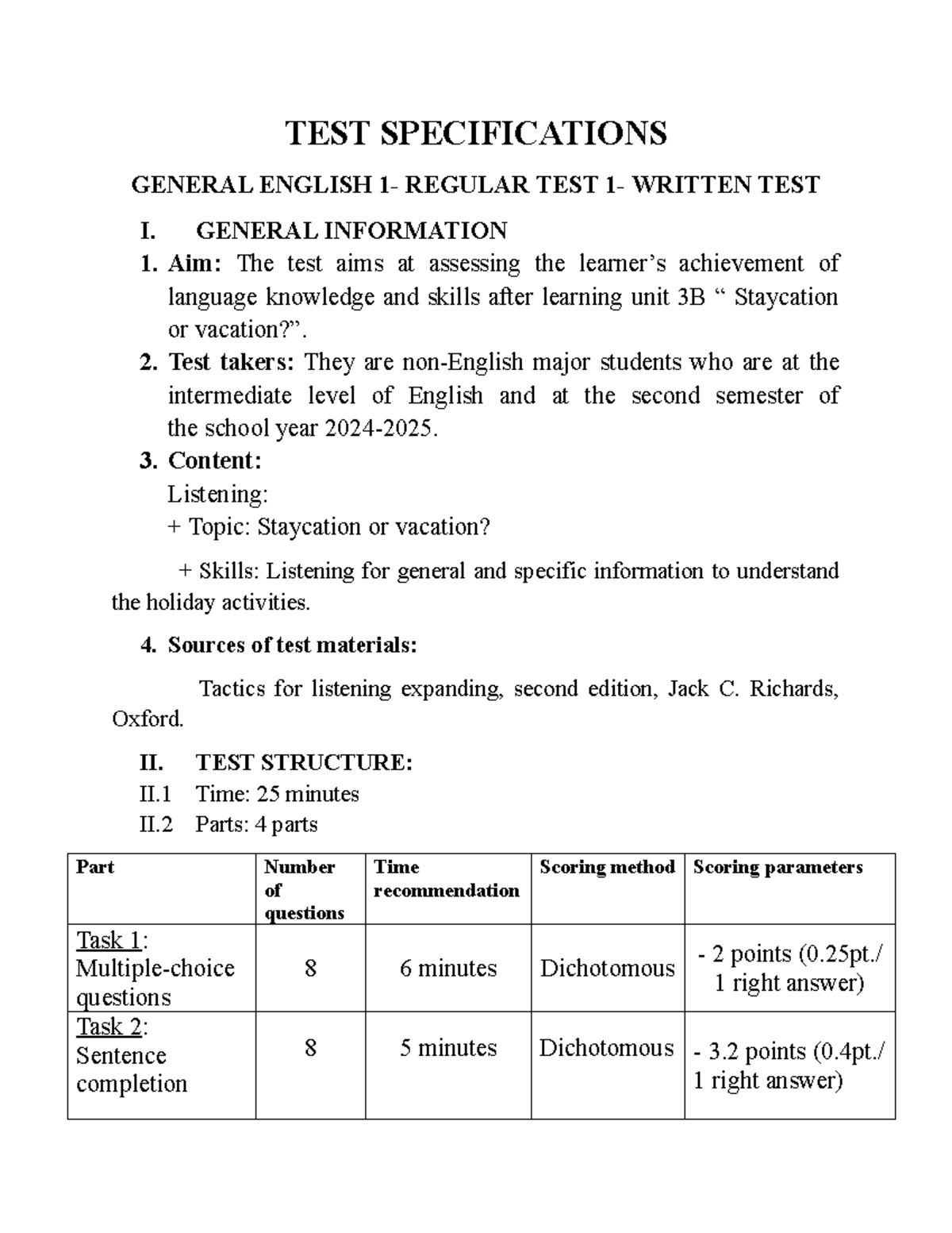 General English 1 - REGULAR TEST 1 Specifications for Written Exam ...
