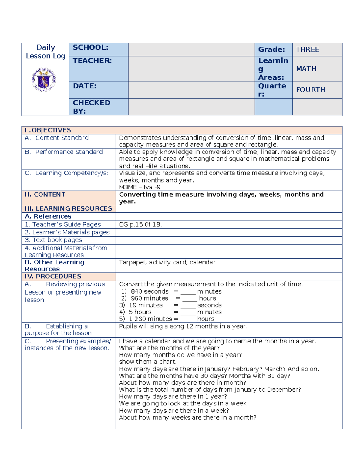405211074 Grade 3 COT Math Q4 docx - Daily Lesson Log SCHOOL: Grade ...