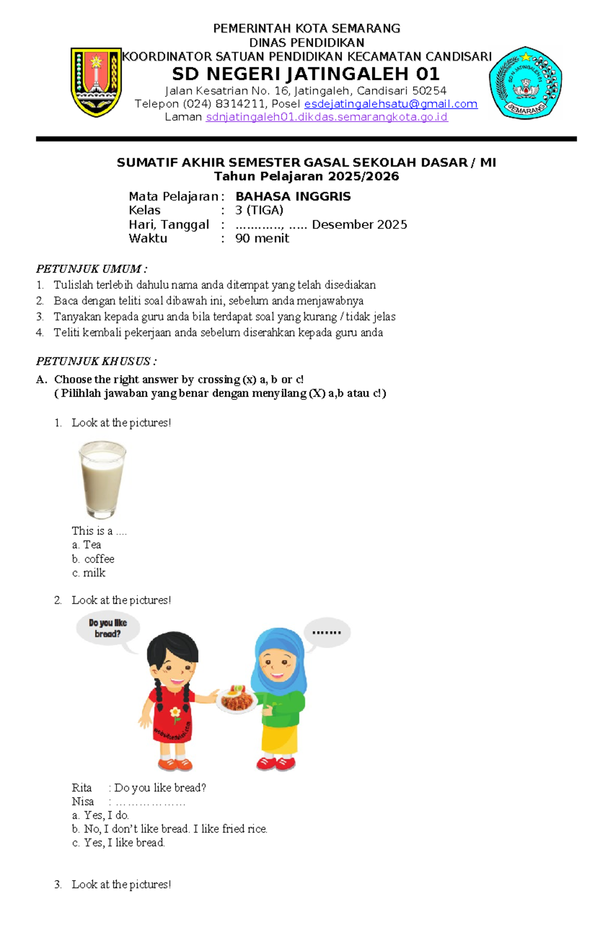 SUMATIF AKHIR SEMESTER GASAL BAHASA INGGRIS SD NEGERI JATINGALEH 01 ...