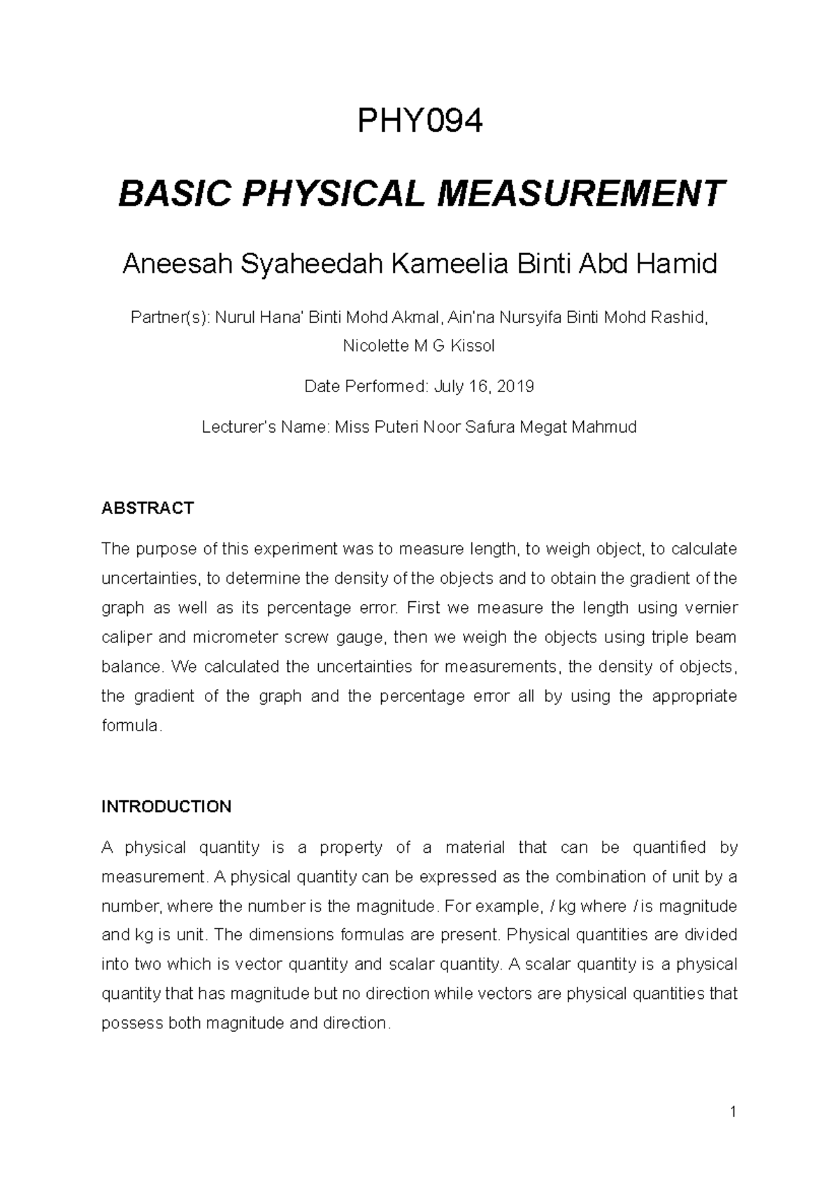 Lab Report PHY 1 - Basic Measurement Techniques and Uncertainties - Studocu